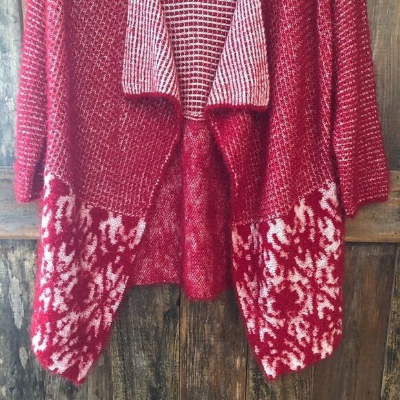 Cardigan Sz M Red Open Knit Wide Warm Work Casual Collar Striped - Picture 8 of 8